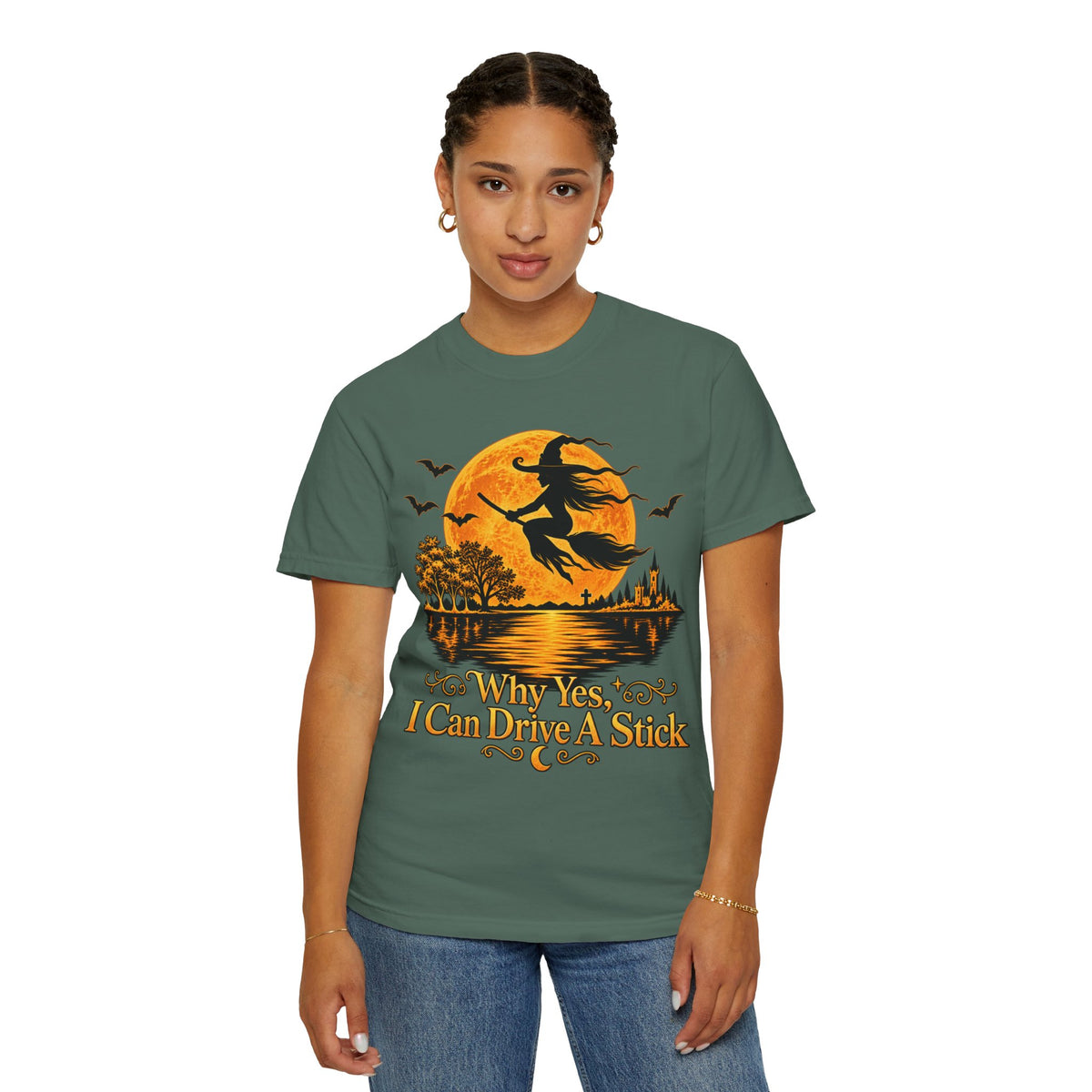 Witch Flying Over Moon T-Shirt – "Why Yes, I Can Drive A Stick" Halloween Tee