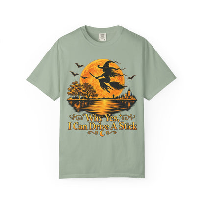 Witch Flying Over Moon T-Shirt – "Why Yes, I Can Drive A Stick" Halloween Tee