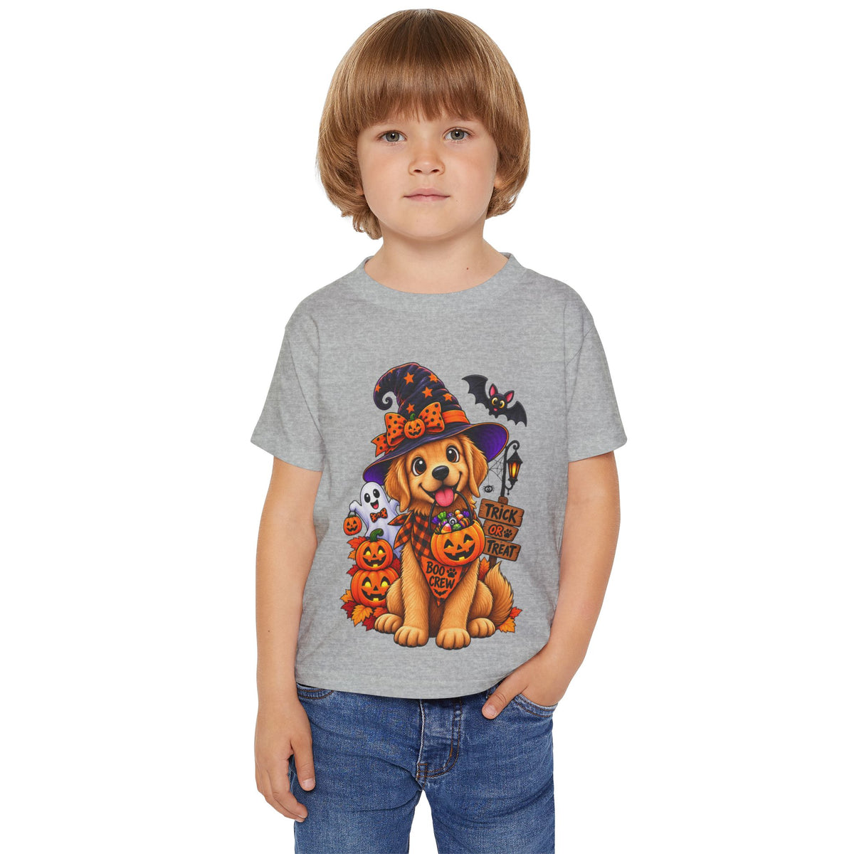 Toddler Halloween Puppy T-Shirt — Cute Witch Dog with Pumpkins & 'Trick or Treat'