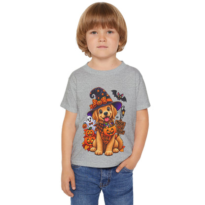 Toddler Halloween Puppy T-Shirt — Cute Witch Dog with Pumpkins & 'Trick or Treat'