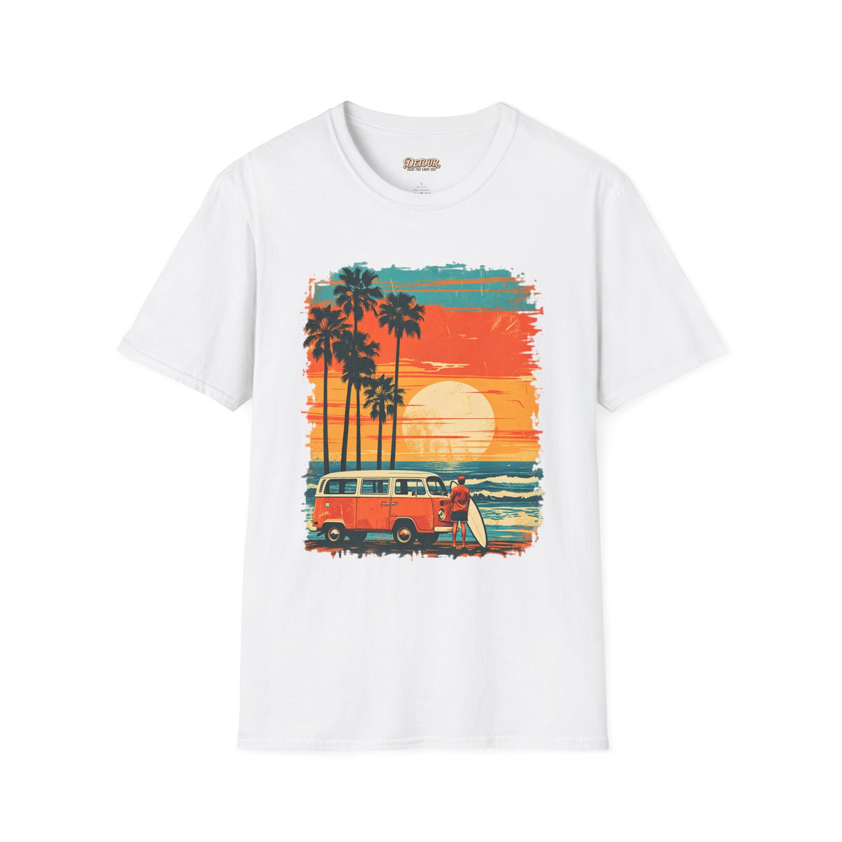 Retro Sunset Van T-Shirt – Tropical Beach Road Trip Graphic