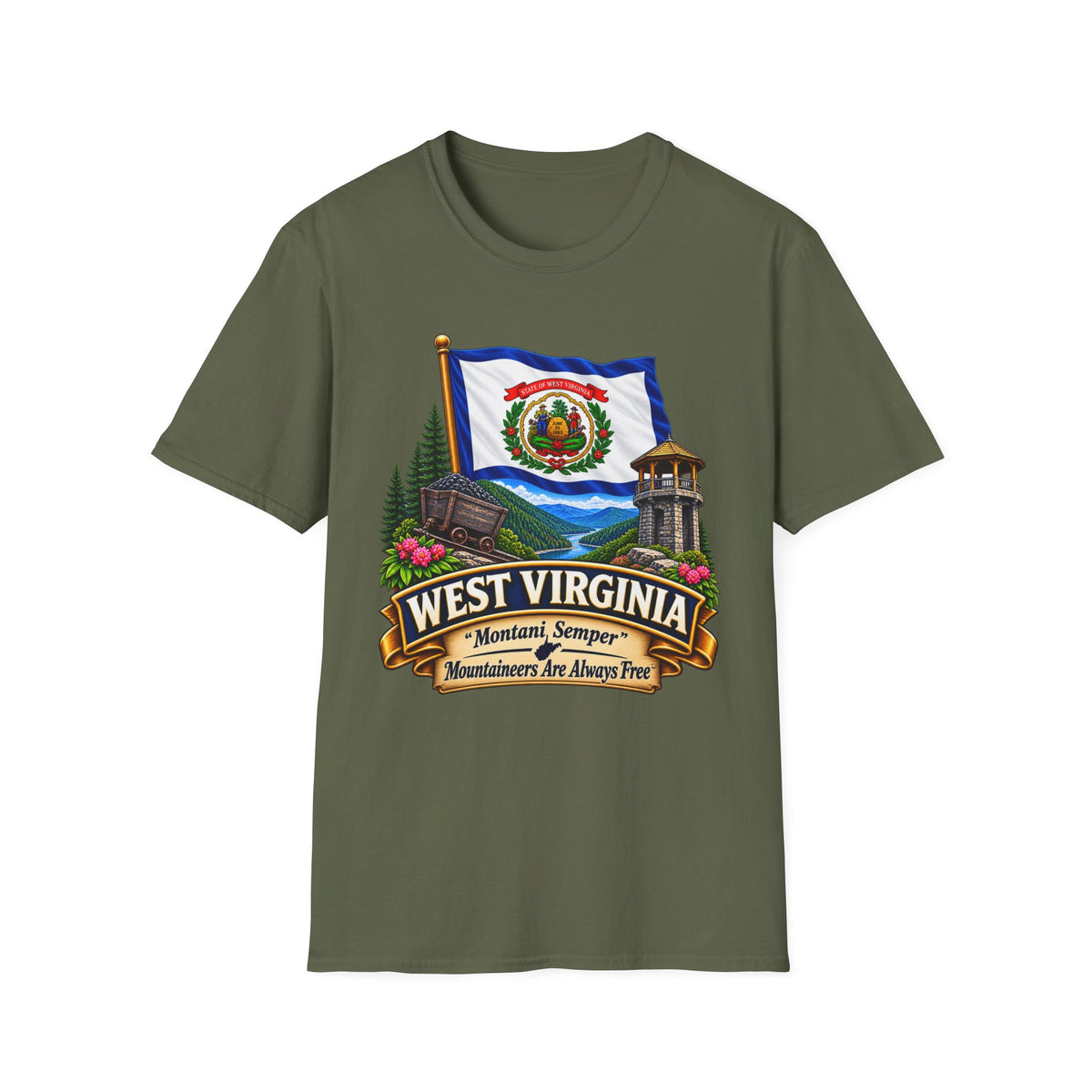 West Virginia Flag T-Shirt — State Pride Scenic Design ("Mountaineers Are Always Free")