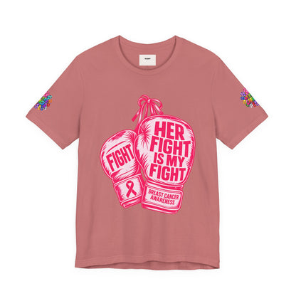 Breast Cancer Awareness Tee – “Her Fight Is My Fight” Boxing Gloves T-Shirt