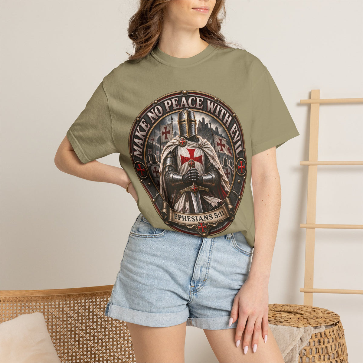 Make No Peace With Evil T-shirt | Crusader Helmet Ephesians 5:11