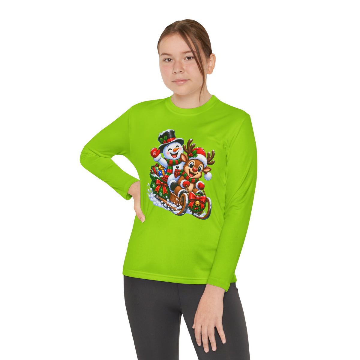 Kids' Christmas Sledding Tee — Snowman & Reindeer Holiday Long Sleeve