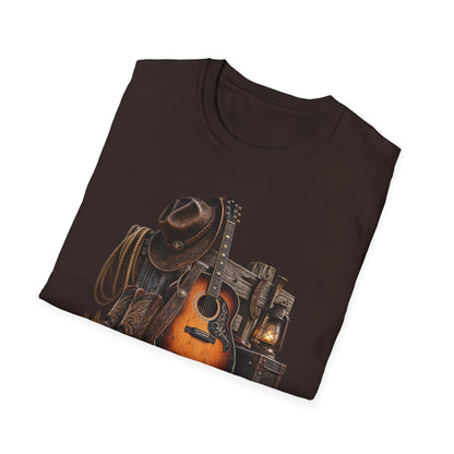 Country Music Guitar T-Shirt — Rustic Cowboy Hat & Lantern Graphic