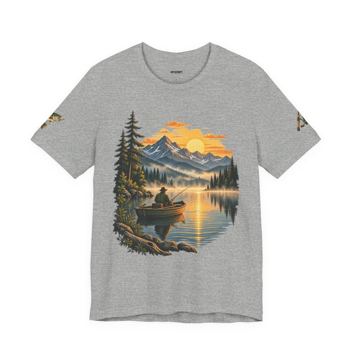 Sunset Lake Fishing T-Shirt — Mountain Boat Fishing Graphic Tee