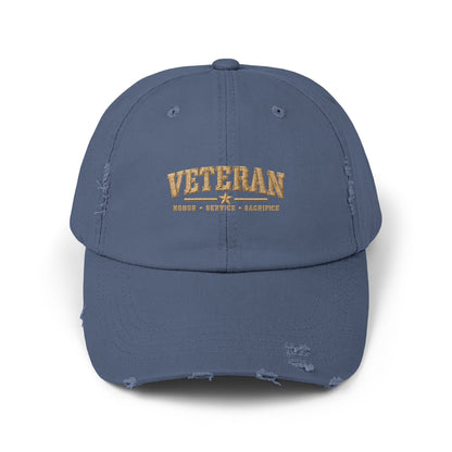 Veteran Distressed Cap — Honor Courage Sacrifice Embroidered Hat