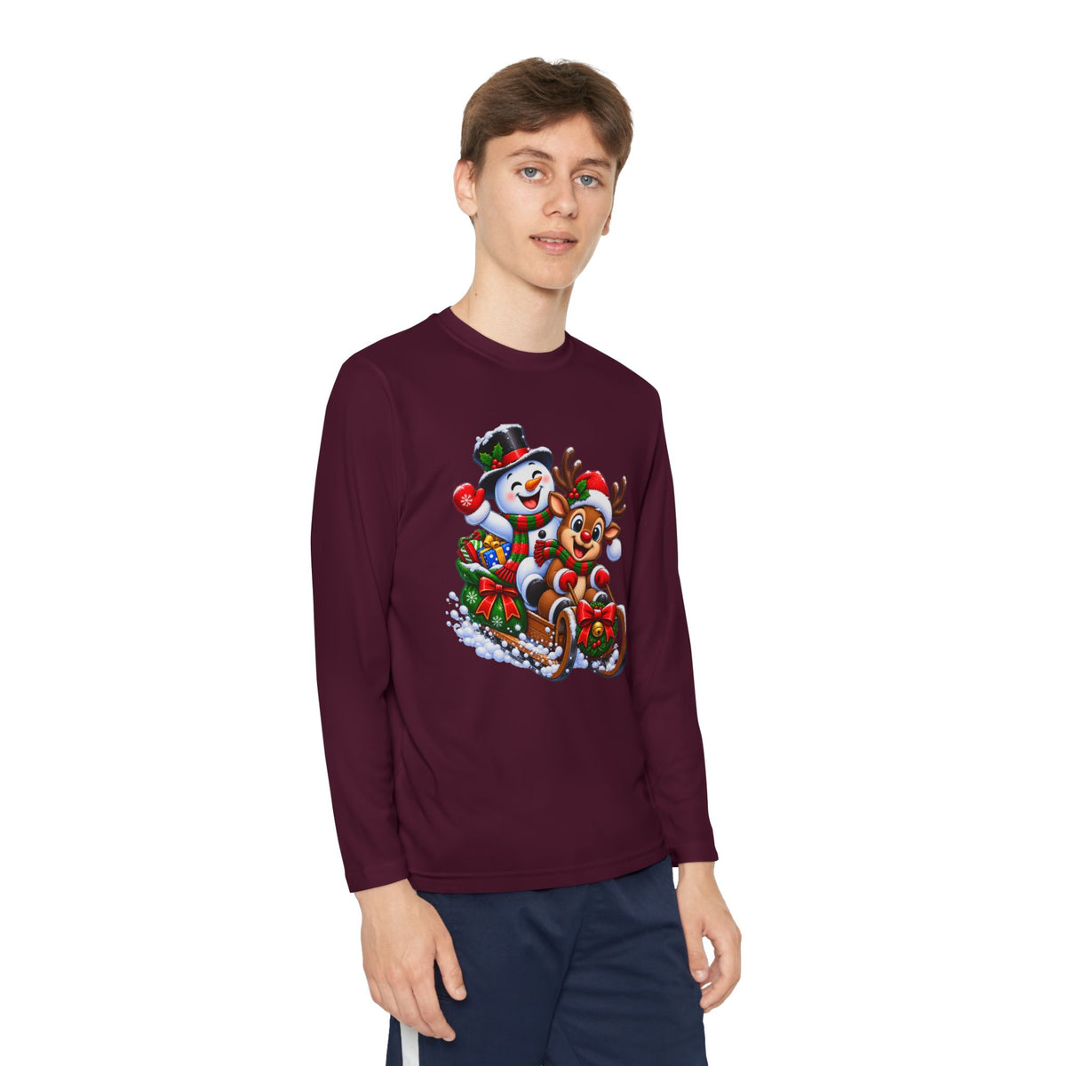 Kids' Christmas Sledding Tee — Snowman & Reindeer Holiday Long Sleeve