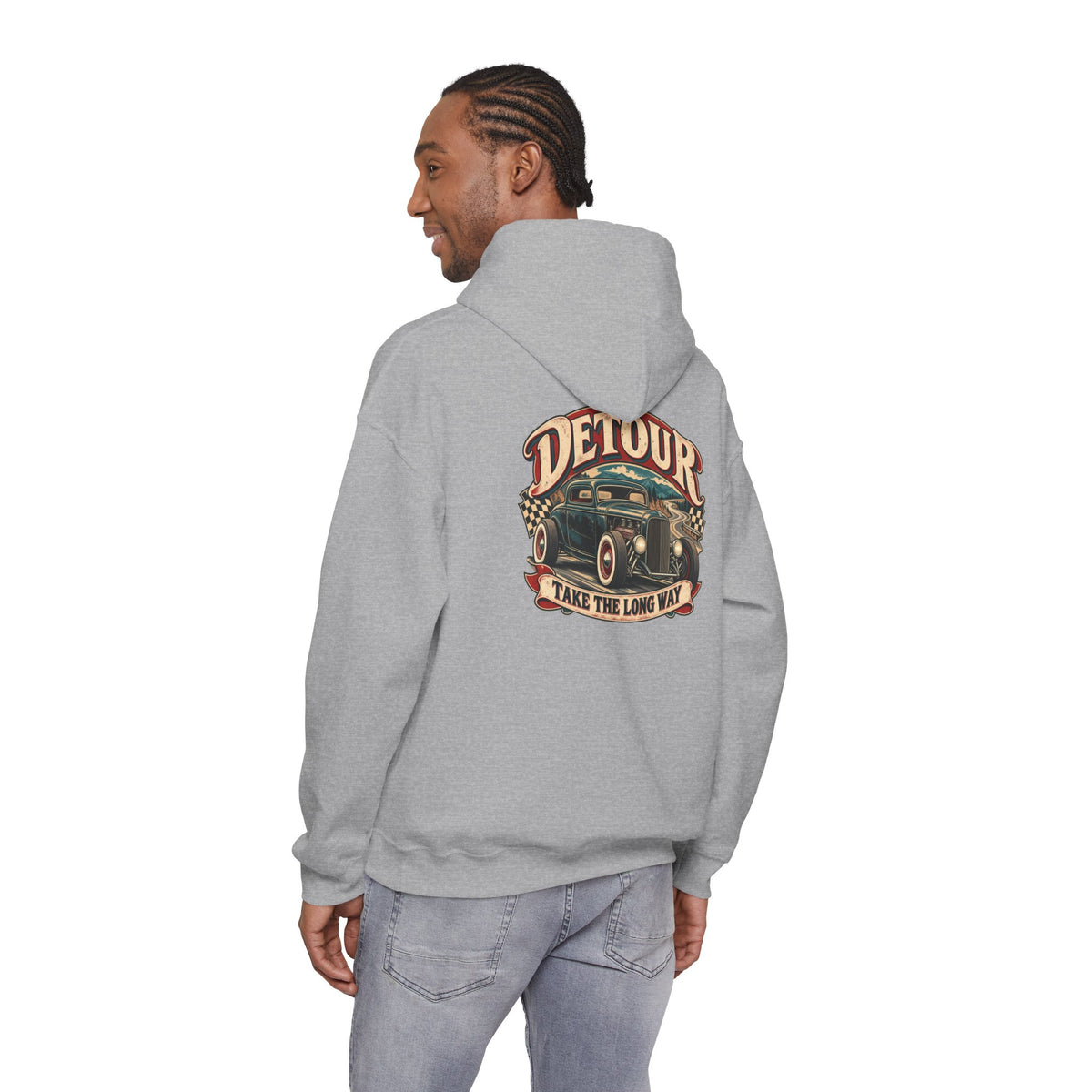Detour Vintage Hot Rod Hoodie — "Take The Long Way" Classic Car Sweatshirt