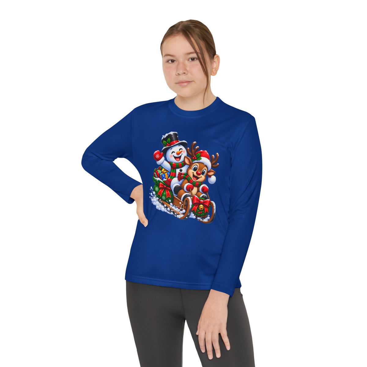 Kids' Christmas Sledding Tee — Snowman & Reindeer Holiday Long Sleeve
