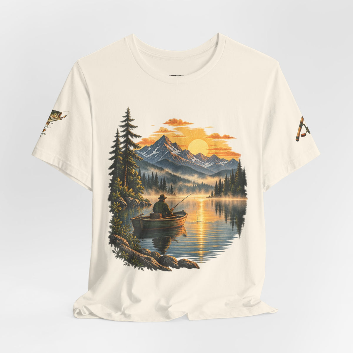 Sunset Lake Fishing T-Shirt — Mountain Boat Fishing Graphic Tee