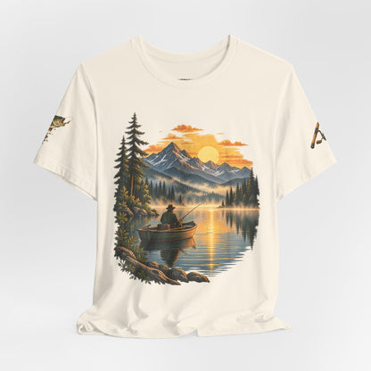 Sunset Lake Fishing T-Shirt — Mountain Boat Fishing Graphic Tee