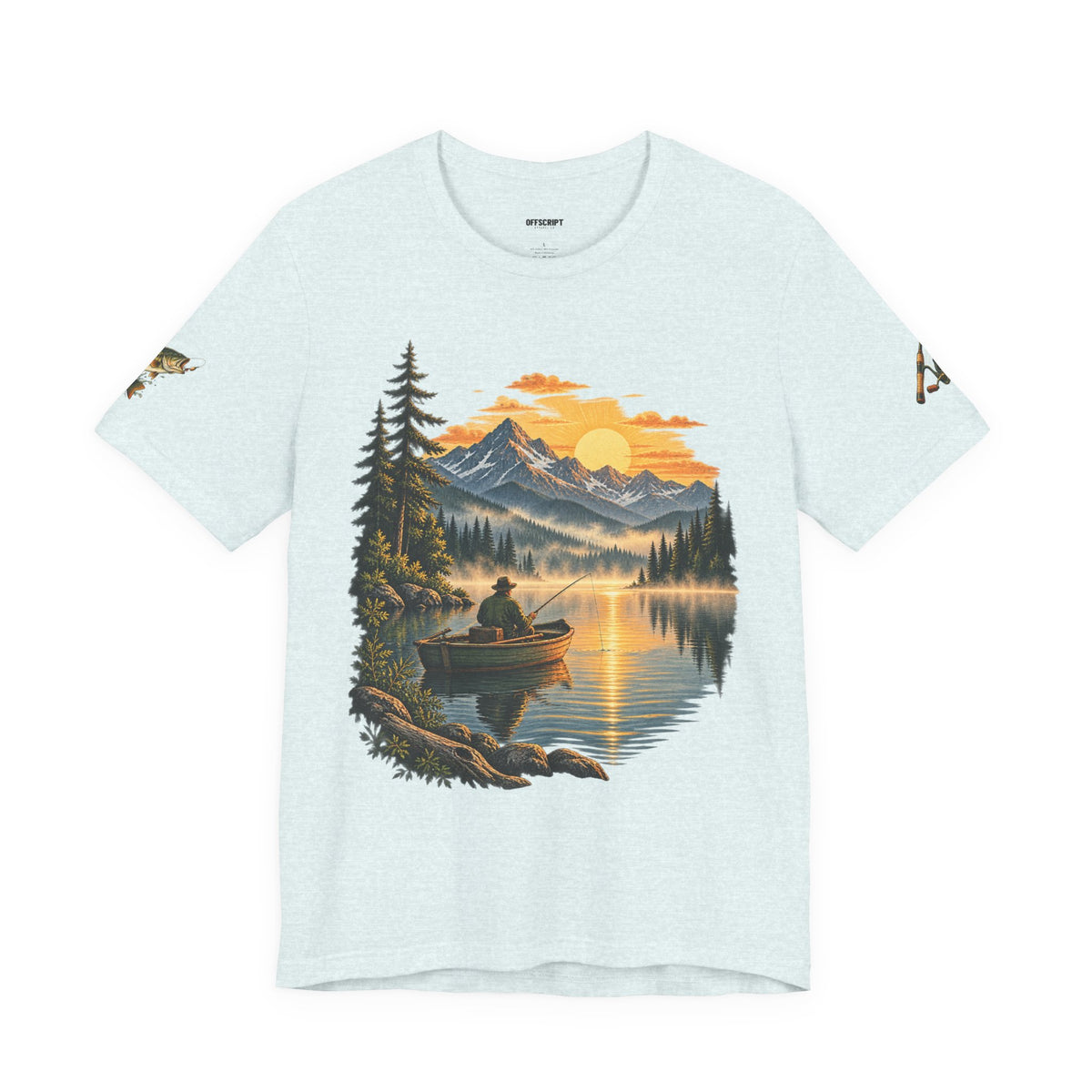 Sunset Lake Fishing T-Shirt — Mountain Boat Fishing Graphic Tee