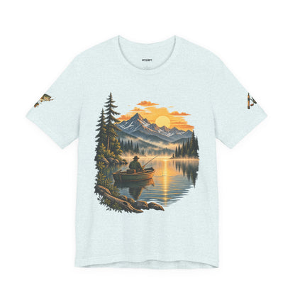 Sunset Lake Fishing T-Shirt — Mountain Boat Fishing Graphic Tee