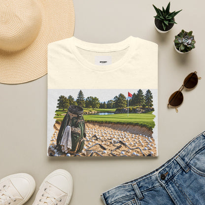 Golf Bunker Scene T-Shirt — "How Many People Live & Work In Dunes" Graphic Tee