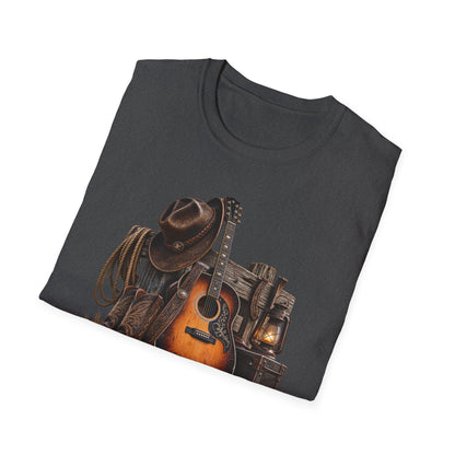 Country Music Guitar T-Shirt — Rustic Cowboy Hat & Lantern Graphic