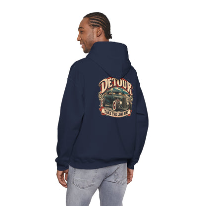 Detour Vintage Hot Rod Hoodie — "Take The Long Way" Classic Car Sweatshirt