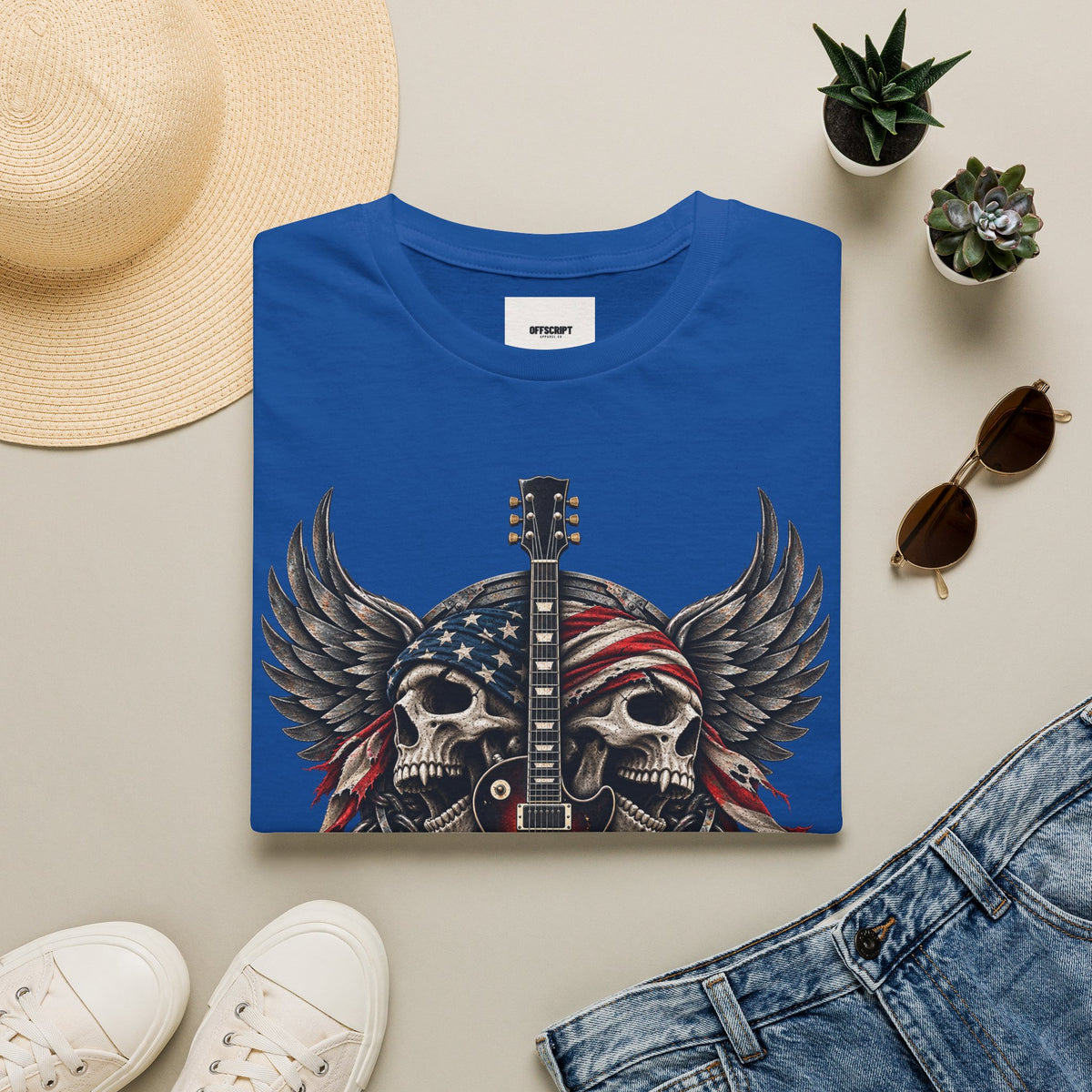 American Skull Guitar T-Shirt — Patriotic Rock Music Tee