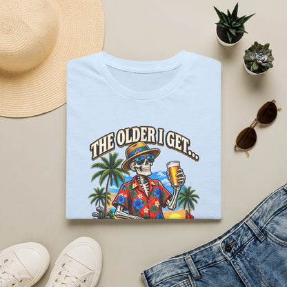 T-Shirt — “The Older I Get… The Further My Balls Go Into The Woods” Retro Tropical Skeleton Humor Tee