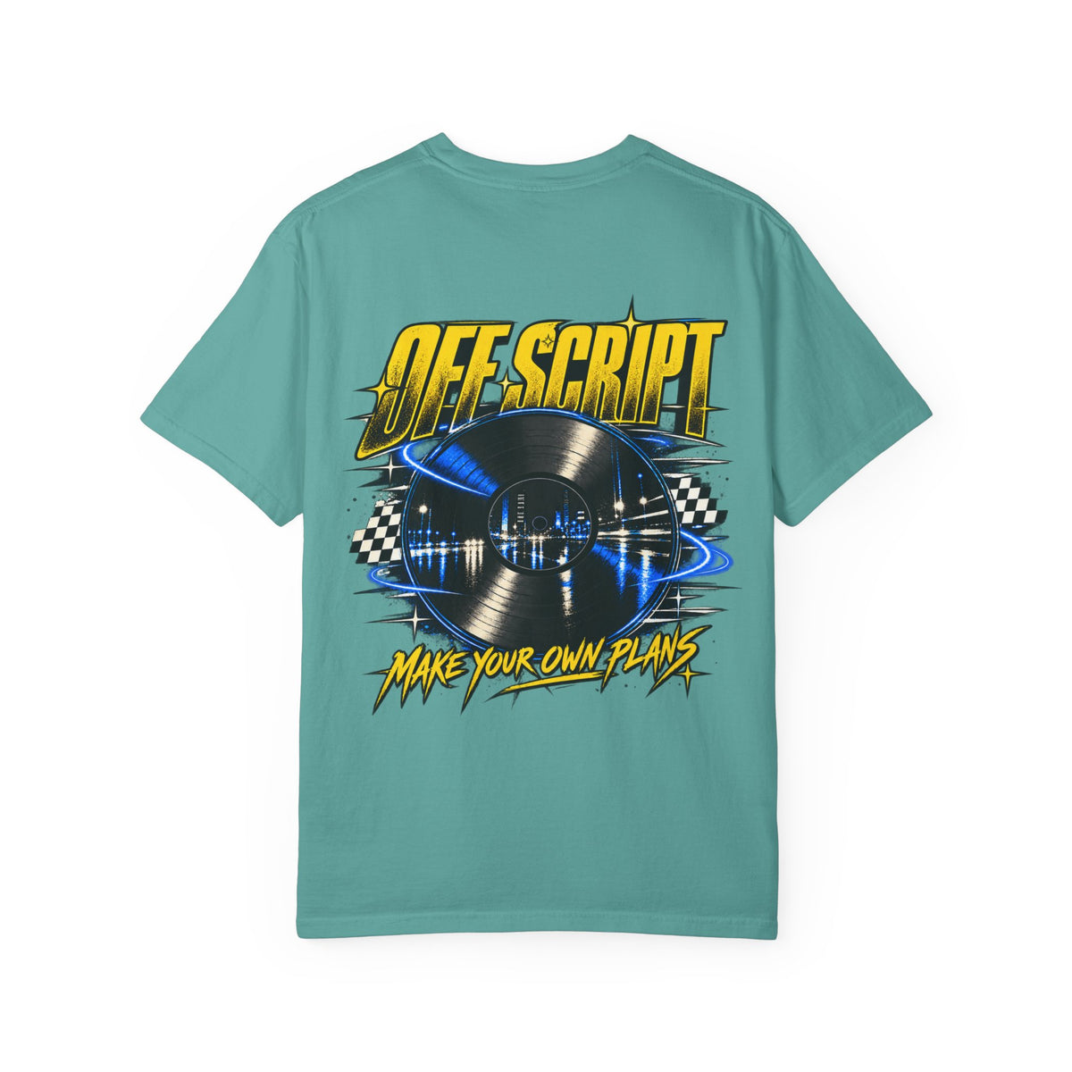 T-Shirt — Off Script Vinyl Graphic Tee: "Make Your Own Plans" Retro Racing Design