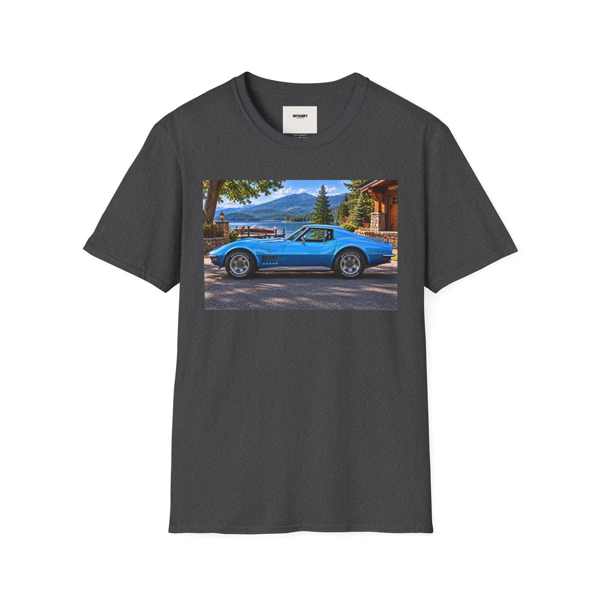 1968 Chevrolet Corvette Stingray Graphic T‑Shirt — Blue Classic Car Lakefront Print