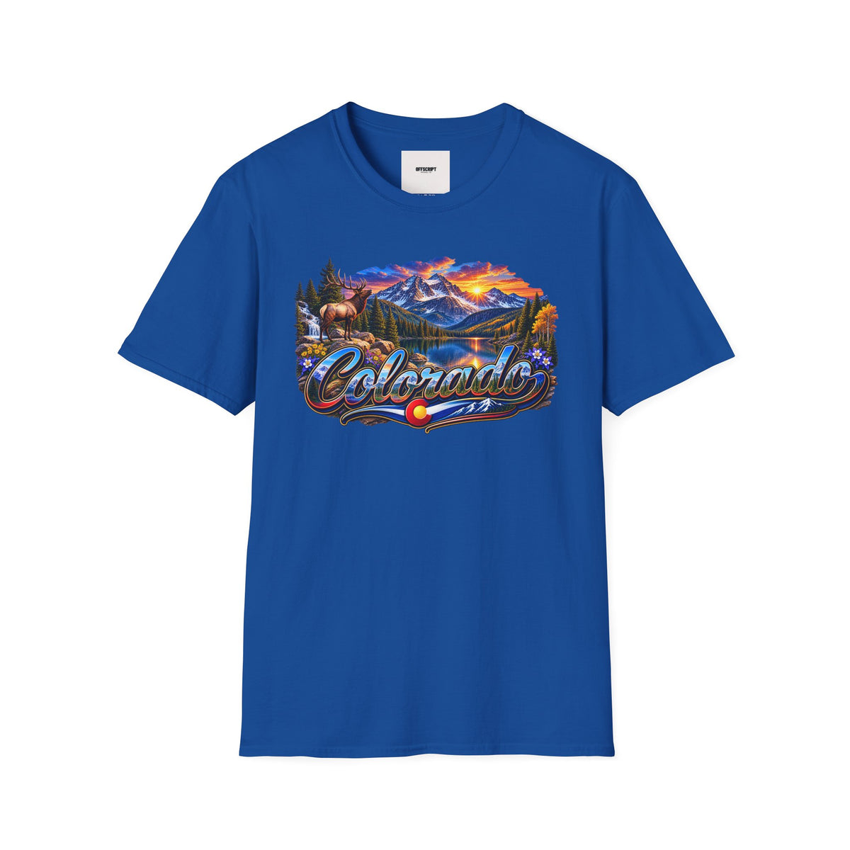 Colorado Scenic T‑Shirt — Mountain Sunset Landscape with Elk and State Script