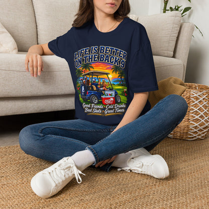 Golf T-Shirt — "Life Is Better on the Back 9" Sunset Golf Cart Design