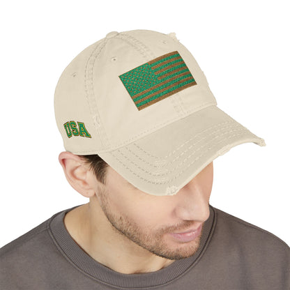 Embroidered Distressed Dad Hat — Green & Gold Flag Patch