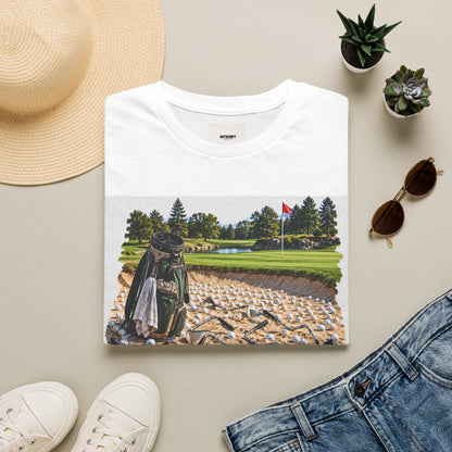 Golf Bunker Scene T-Shirt — "How Many People Live & Work In Dunes" Graphic Tee