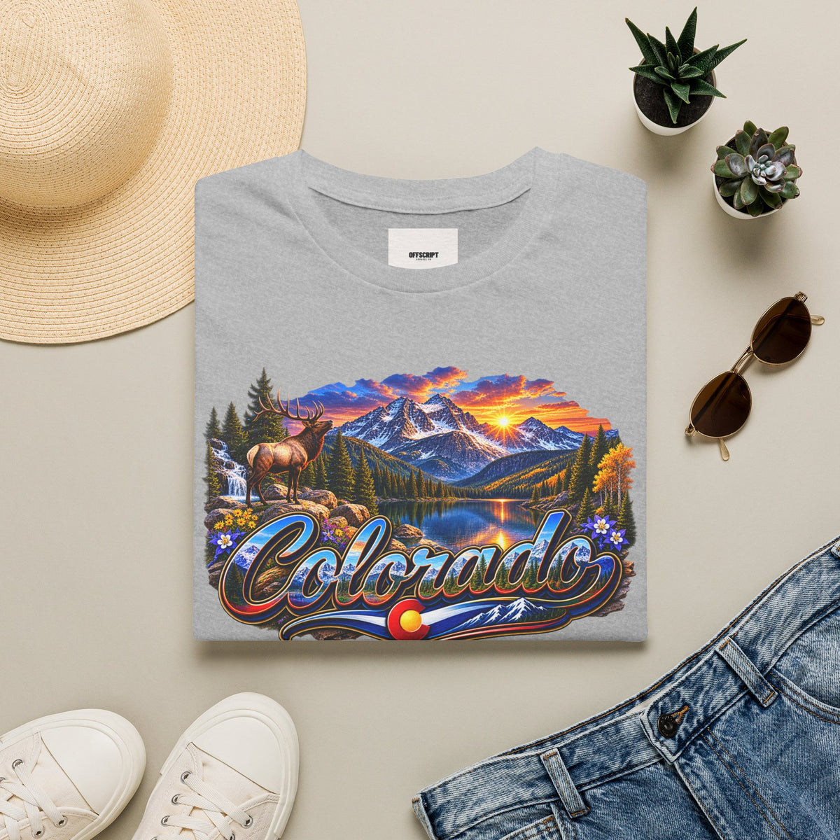 Colorado Scenic T‑Shirt — Mountain Sunset Landscape with Elk and State Script