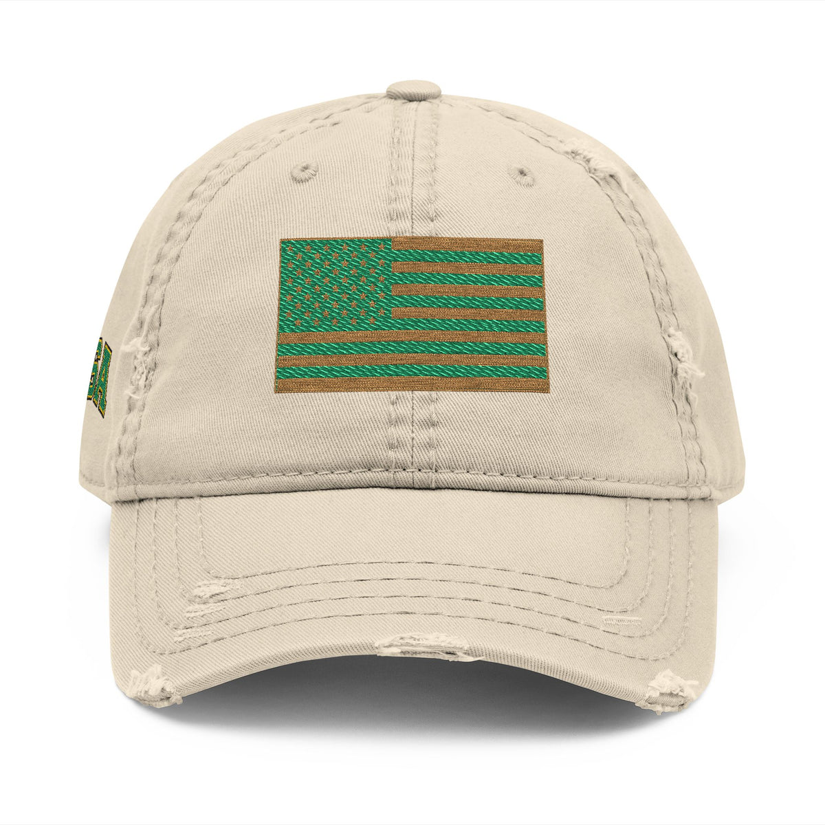 Embroidered Distressed Dad Hat — Green & Gold Flag Patch