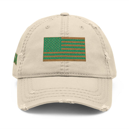 Embroidered Distressed Dad Hat — Green & Gold Flag Patch