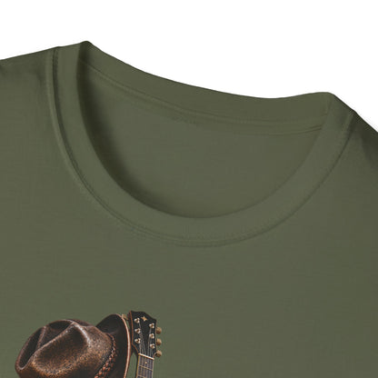 Country Music Guitar T-Shirt — Rustic Cowboy Hat & Lantern Graphic