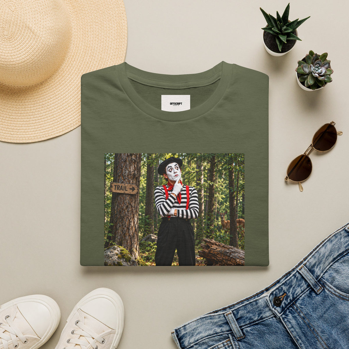 Mime in the Woods T-Shirt — “If a mime falls in the woods…” Casual Graphic Tee
