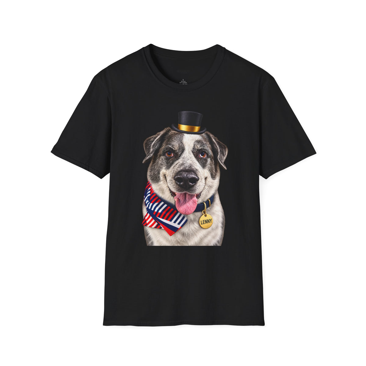 Patriotic Pup Tee — Dog with Top Hat & American Flag Bandana