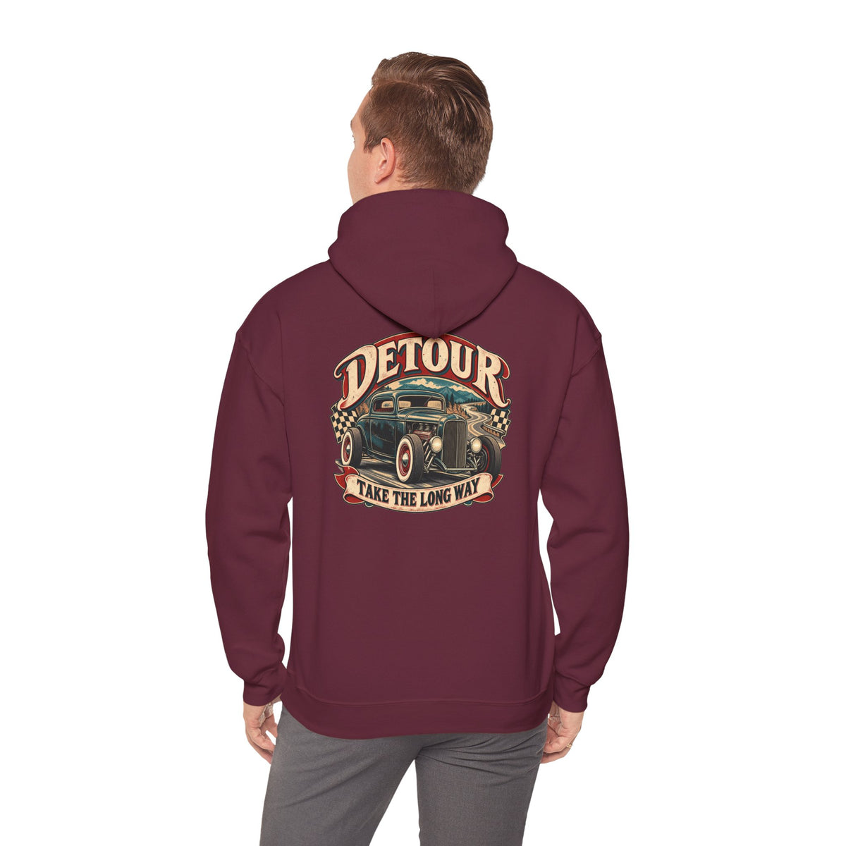 Detour Vintage Hot Rod Hoodie — "Take The Long Way" Classic Car Sweatshirt