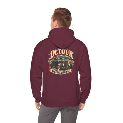 Detour Vintage Hot Rod Hoodie — "Take The Long Way" Classic Car Sweatshirt
