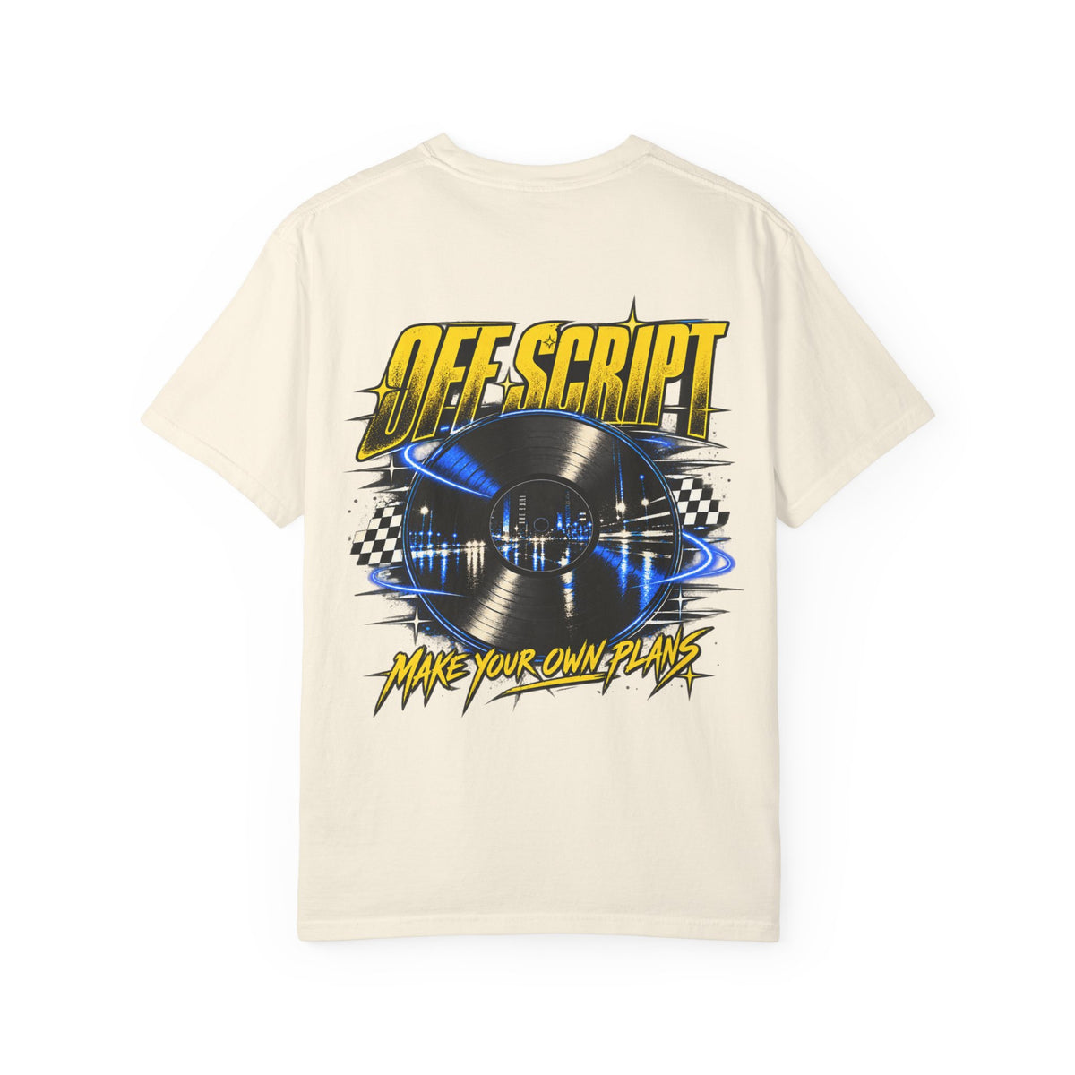 T-Shirt — Off Script Vinyl Graphic Tee: "Make Your Own Plans" Retro Racing Design