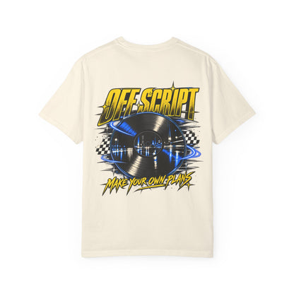 T-Shirt — Off Script Vinyl Graphic Tee: "Make Your Own Plans" Retro Racing Design