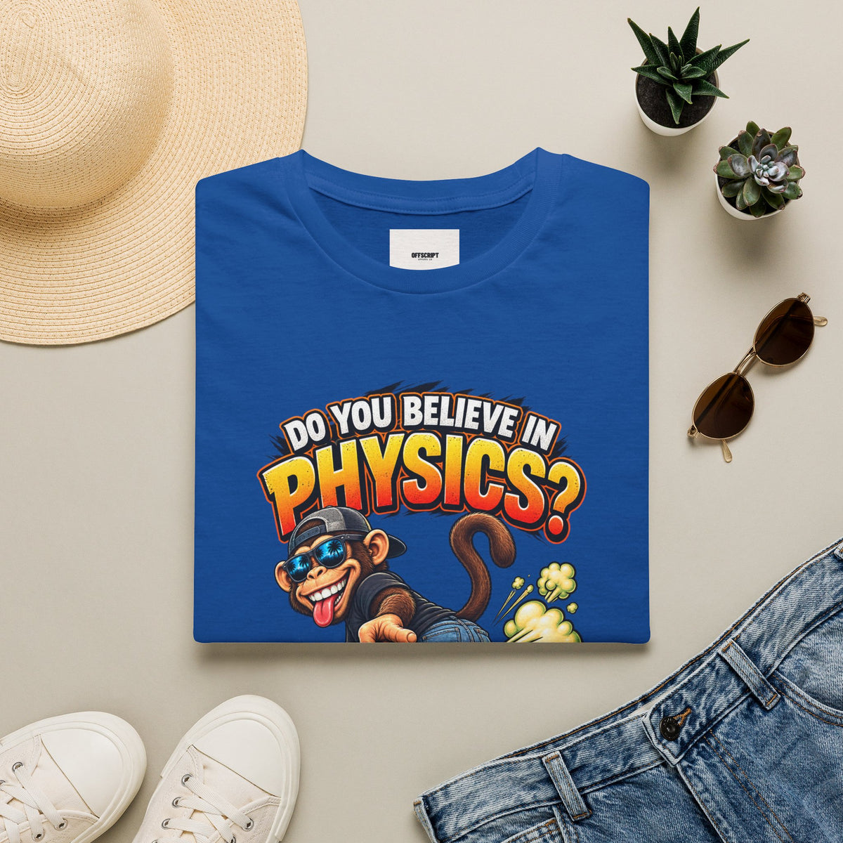 Physics Joke T-Shirt — "Do You Believe in Physics?" Monkey Pull My Finger Graphic Tee