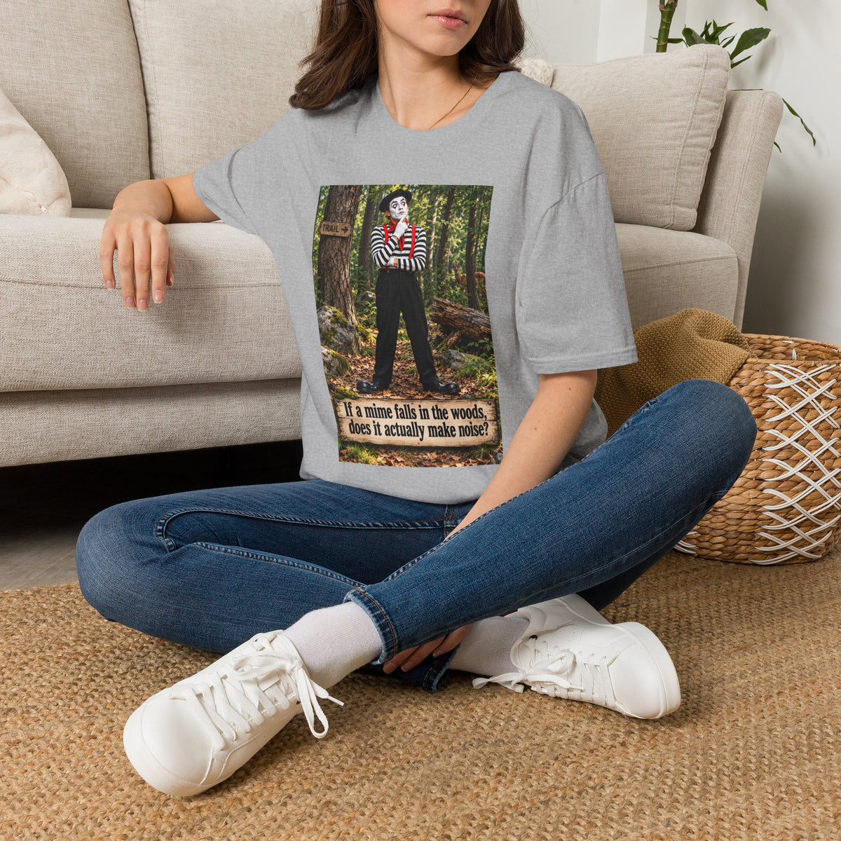 Mime in the Woods T-Shirt — “If a mime falls in the woods…” Casual Graphic Tee