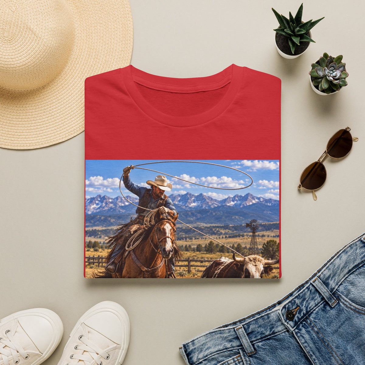 Cowboy Roping Photo T-Shirt — Western Ranch Scenic Tee