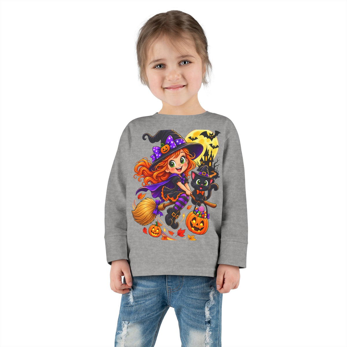 Toddler Halloween Witch Long Sleeve Tee — Cute Witch & Black Cat Pumpkin Design