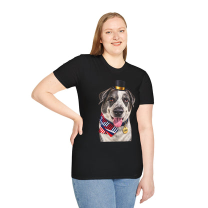 Patriotic Pup Tee — Dog with Top Hat & American Flag Bandana
