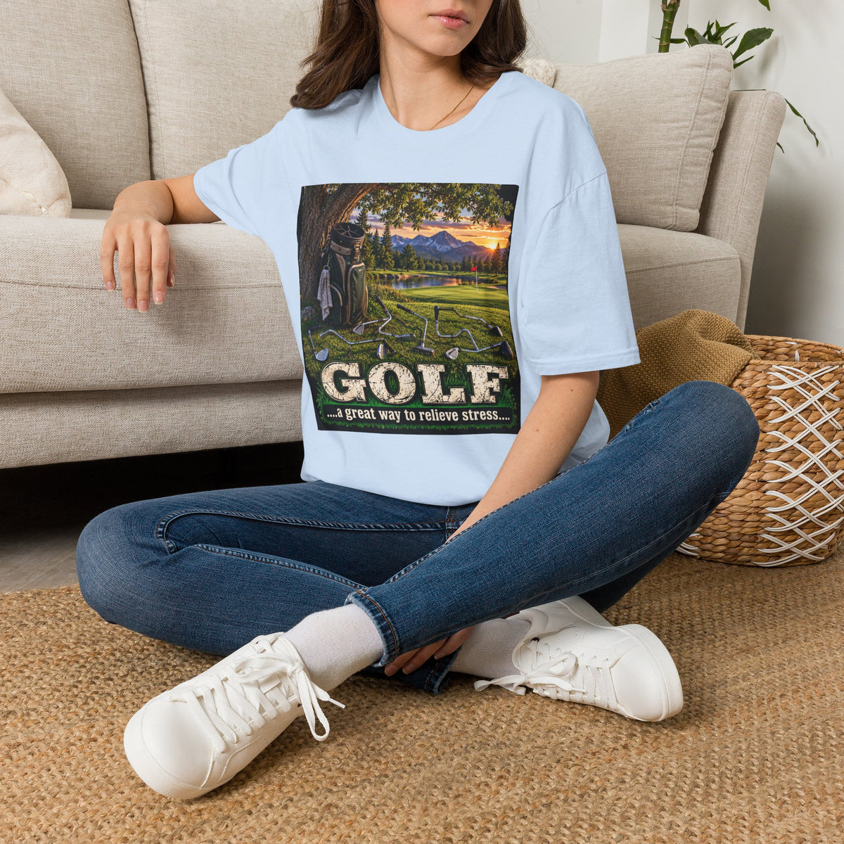 Golf Relaxation T-Shirt — "GOLF: a great way to relieve stress" Scenic Sunset Design