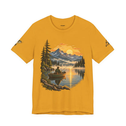 Sunset Lake Fishing T-Shirt — Mountain Boat Fishing Graphic Tee