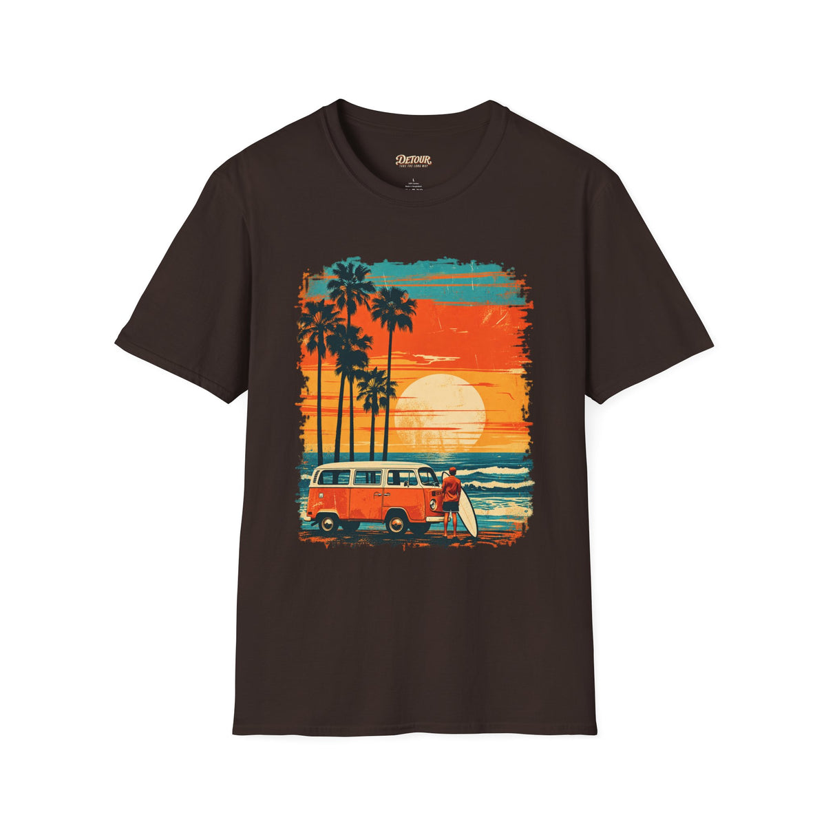 Retro Sunset Van T-Shirt – Tropical Beach Road Trip Graphic