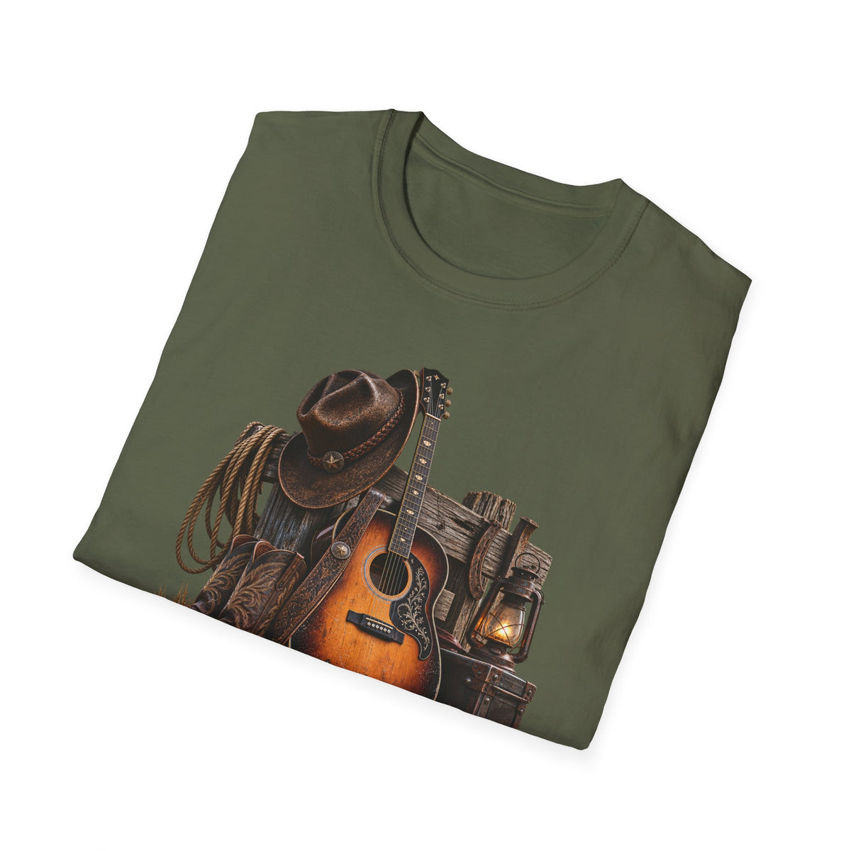 Country Music Guitar T-Shirt — Rustic Cowboy Hat & Lantern Graphic