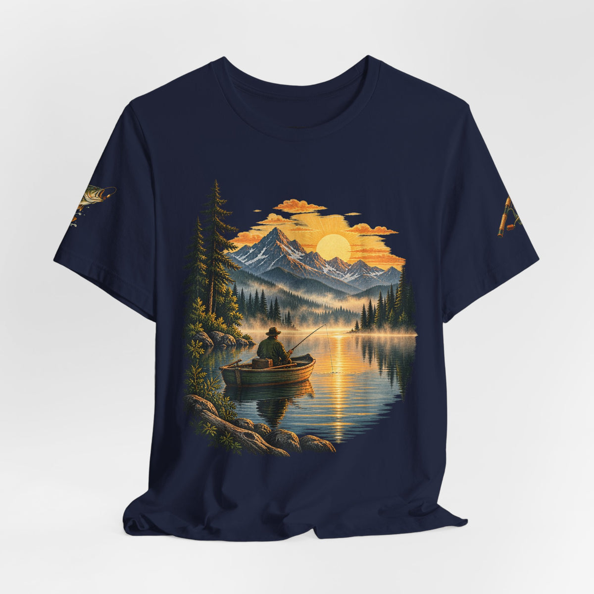 Sunset Lake Fishing T-Shirt — Mountain Boat Fishing Graphic Tee